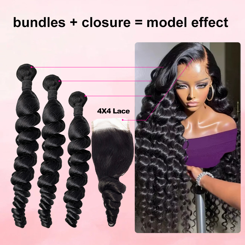 Deep Wave 3 Bundles With Closure - وصلات شعر بشري برازيلي طبيعي غير