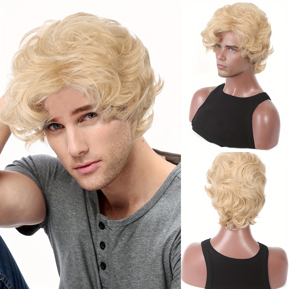 Synthetic Wigs - شعر مستعار رجالي أشقر قصير مموج
