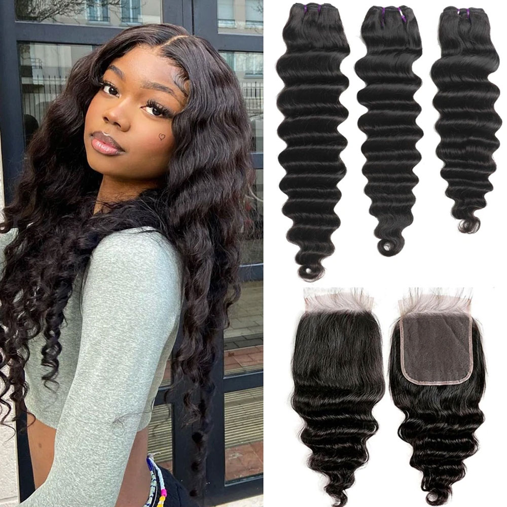 حزم شعر بشري مموج عميق فضفاض م - مراجعة Deep Wave 3 Bundles With Closure وسعره
