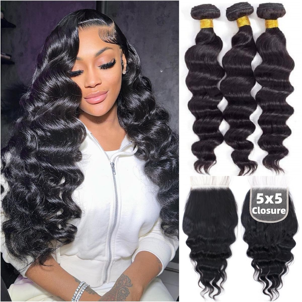 حزم شعر بشري مموج فضفاض مع إغل - مراجعة Deep Wave 3 Bundles With Closure وسعره