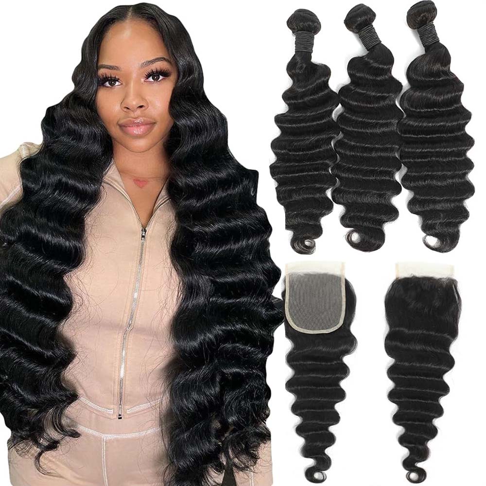 حزم شعر بشري طبيعي مموج عميق غ - مراجعة Deep Wave 3 Bundles With Closure وسعره
