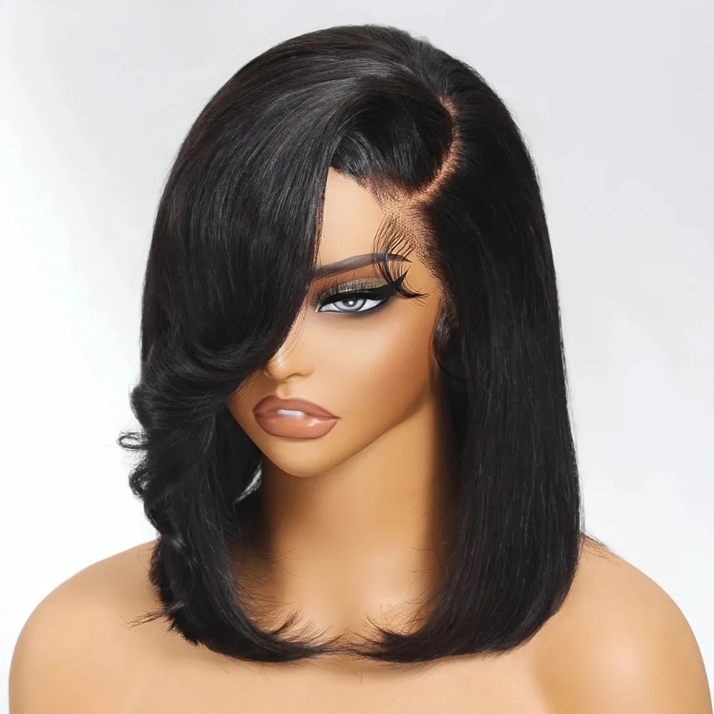 شعر مستعار قصير أسود بوب مستقي - مراجعة Pre Parted 13X4 Lace Front Bob Wig وسعره